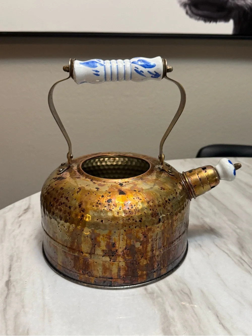 copper hammered tea kettle porcelain hand painted handle & lid knob